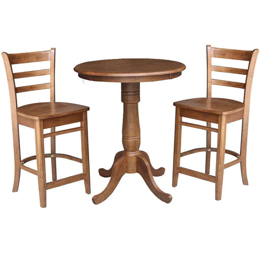 International Concepts (Set of 3 Pcs) - 30in Round Pedestal Gathering Height Table with 2 Emily Counter Height Stools in Distressed Oak Finish - K42-30RT-6B-S6172-2 veiw 1