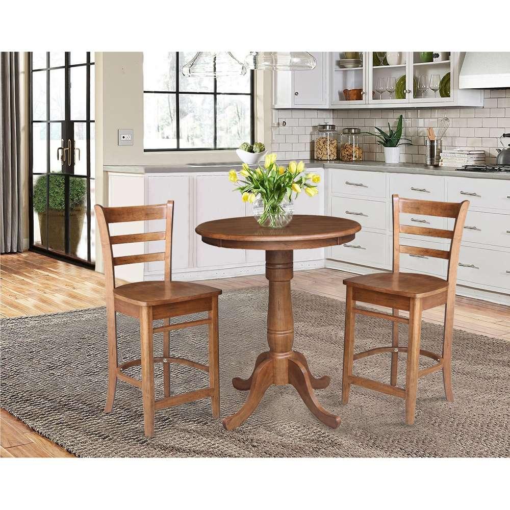 International Concepts (Set of 3 Pcs) - 30in Round Pedestal Gathering Height Table with 2 Emily Counter Height Stools in Distressed Oak Finish - K42-30RT-6B-S6172-2 veiw 2