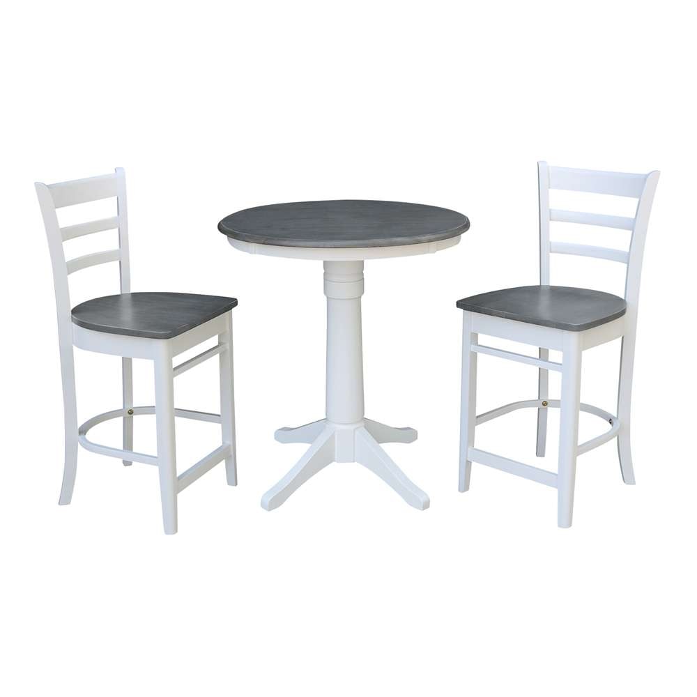 International Concepts (Set of 3 Pcs) - 30in Round Pedestal Gathering Height Table with 2 Emily Counter Height Stools in White/Heather Gray Finish - K05-30RT-27B-S6172-2 veiw 1