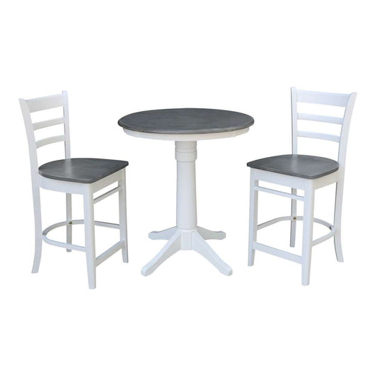 International Concepts (Set of 3 Pcs) - 30in Round Pedestal Gathering Height Table with 2 Emily Counter Height Stools in White/Heather Gray Finish - K05-30RT-27B-S6172-2 veiw 1