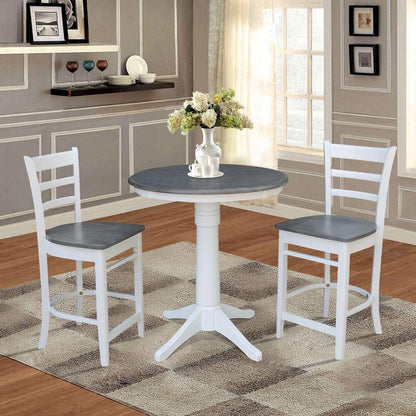 International Concepts (Set of 3 Pcs) - 30in Round Pedestal Gathering Height Table with 2 Emily Counter Height Stools in White/Heather Gray Finish - K05-30RT-27B-S6172-2 veiw 2