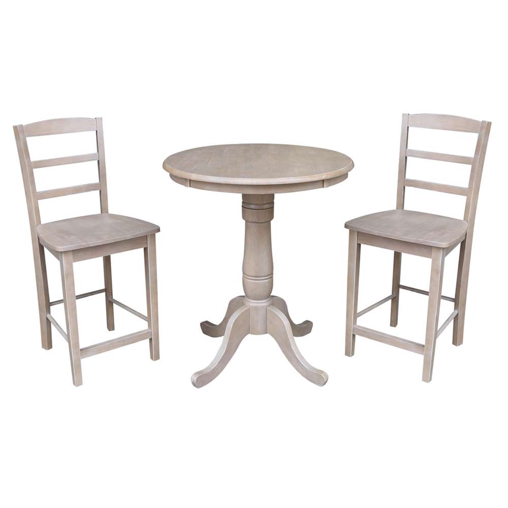 International Concepts (Set of 3 Pcs) - 30in Round Pedestal Gathering Height Table with 2 Madrid Counter Height Stools in Washed Gray Taupe Finish - K09-30RT-6B-S402-2 veiw 1