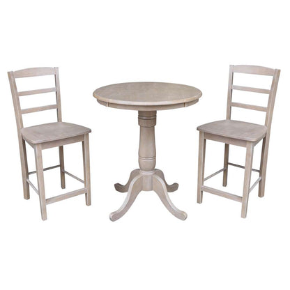 International Concepts (Set of 3 Pcs) - 30in Round Pedestal Gathering Height Table with 2 Madrid Counter Height Stools in Washed Gray Taupe Finish - K09-30RT-6B-S402-2 veiw 1
