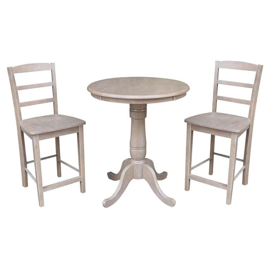 International Concepts (Set of 3 Pcs) - 30in Round Pedestal Gathering Height Table with 2 Madrid Counter Height Stools in Washed Gray Taupe Finish - K09-30RT-6B-S402-2 veiw 1