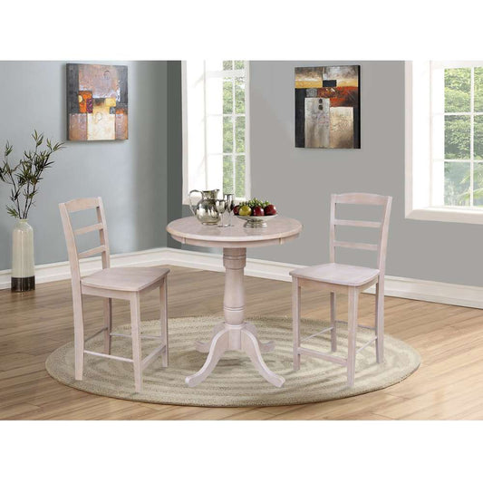 International Concepts (Set of 3 Pcs) - 30in Round Pedestal Gathering Height Table with 2 Madrid Counter Height Stools in Washed Gray Taupe Finish - K09-30RT-6B-S402-2 veiw 2