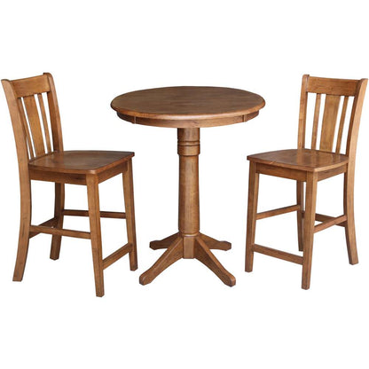 International Concepts (Set of 3 Pcs) - 30in Round Pedestal Gathering Height Table with 2 San Remo Counter Height Stools in Distressed Oak Finish - K42-30RT-27B-S102-2 veiw 1