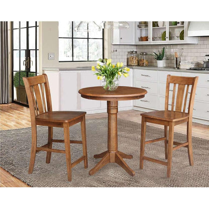International Concepts (Set of 3 Pcs) - 30in Round Pedestal Gathering Height Table with 2 San Remo Counter Height Stools in Distressed Oak Finish - K42-30RT-27B-S102-2 veiw 2