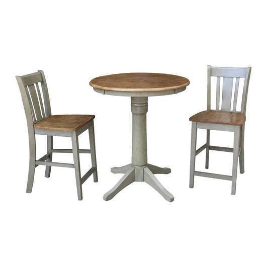 International Concepts (Set of 3 Pcs) - 30in Round Pedestal Gathering Height Table with 2 San Remo Counter Height Stools in Hickory/Stone Finish - K41-30RT-27B-S102-2 veiw 1
