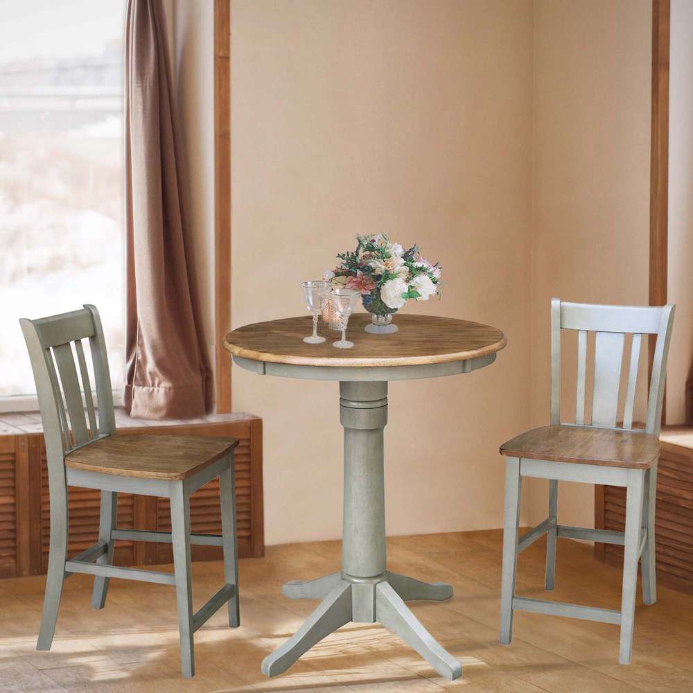 International Concepts (Set of 3 Pcs) - 30in Round Pedestal Gathering Height Table with 2 San Remo Counter Height Stools in Hickory/Stone Finish - K41-30RT-27B-S102-2 veiw 2