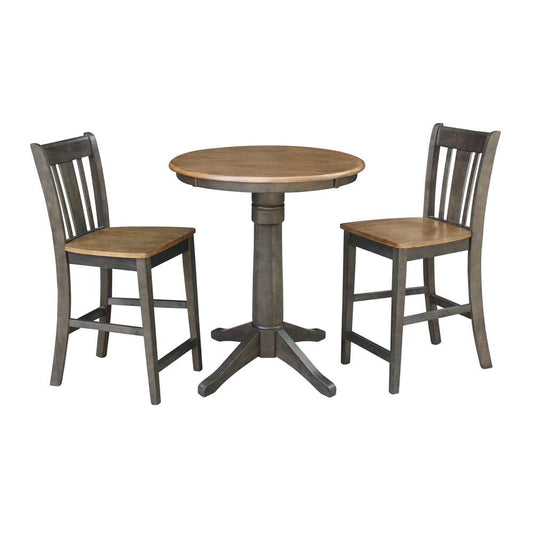 International Concepts (Set of 3 Pcs) - 30in Round Pedestal Gathering Height Table with 2 San Remo Counter Height Stools in Hickory/Washed Coal Finish - K45-30RT-27B-S102-2 veiw 1