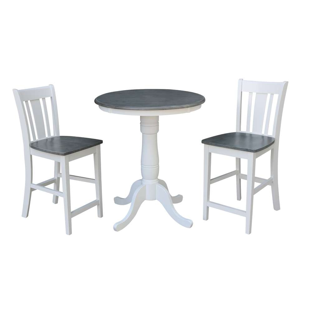 International Concepts (Set of 3 Pcs) - 30in Round Pedestal Gathering Height Table with 2 San Remo Counter Height Stools in White/Heather Gray Finish - K05-30RT-6B-S102-2 veiw 1