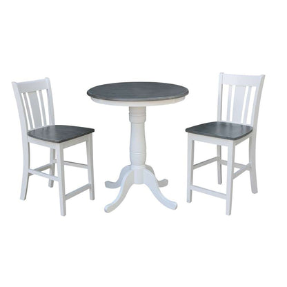 International Concepts (Set of 3 Pcs) - 30in Round Pedestal Gathering Height Table with 2 San Remo Counter Height Stools in White/Heather Gray Finish - K05-30RT-6B-S102-2 veiw 1