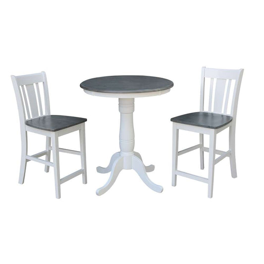 International Concepts (Set of 3 Pcs) - 30in Round Pedestal Gathering Height Table with 2 San Remo Counter Height Stools in White/Heather Gray Finish - K05-30RT-6B-S102-2 veiw 1