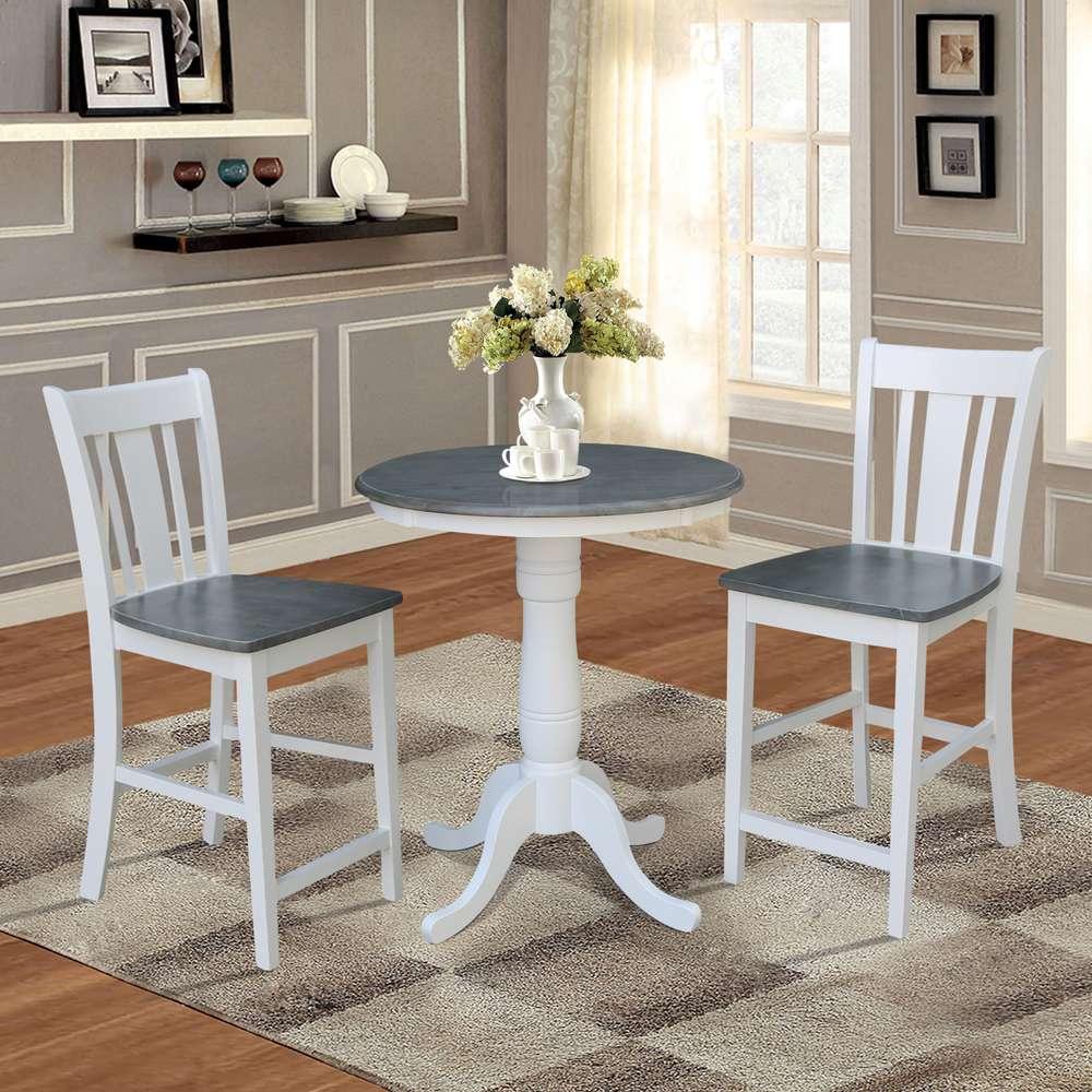 International Concepts (Set of 3 Pcs) - 30in Round Pedestal Gathering Height Table with 2 San Remo Counter Height Stools in White/Heather Gray Finish - K05-30RT-6B-S102-2 veiw 2