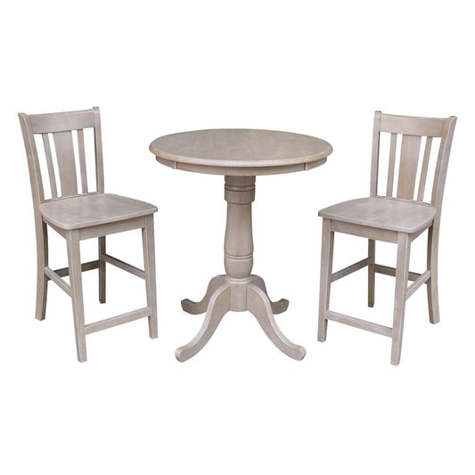 International Concepts (Set of 3 Pcs) - 30in Round Pedestal Gathering Height Table with 2 San Remo Counter Height Stools in Washed Gray Taupe Finish - K09-30RT-6B-S102-2 veiw 1
