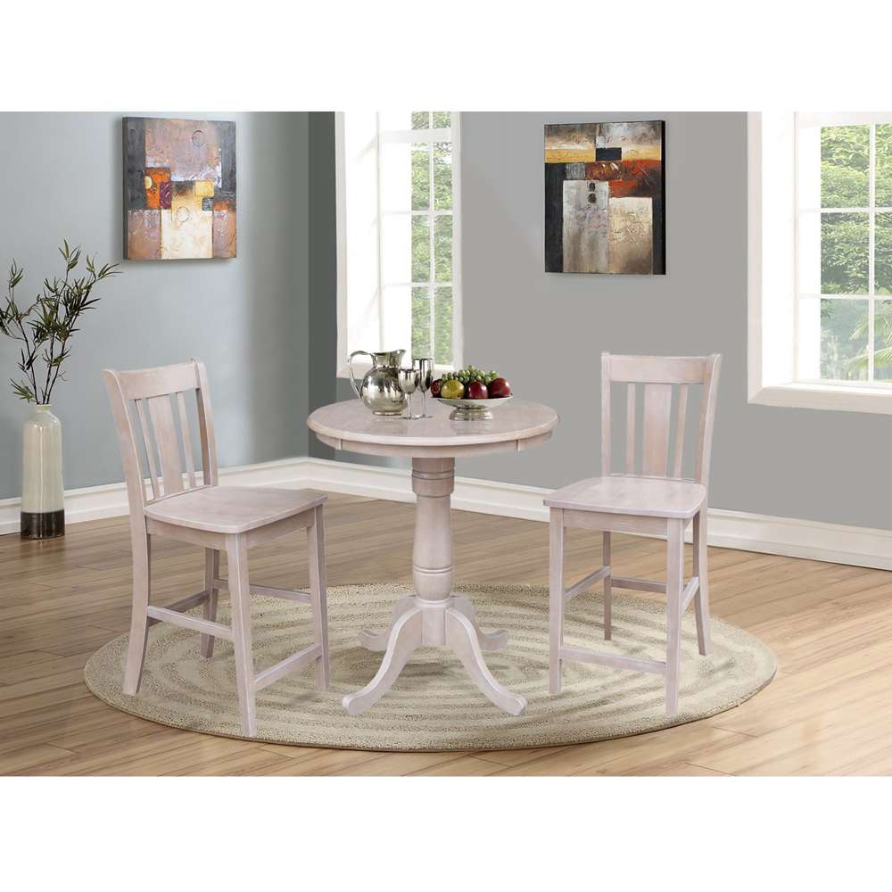 International Concepts (Set of 3 Pcs) - 30in Round Pedestal Gathering Height Table with 2 San Remo Counter Height Stools in Washed Gray Taupe Finish - K09-30RT-6B-S102-2 veiw 2