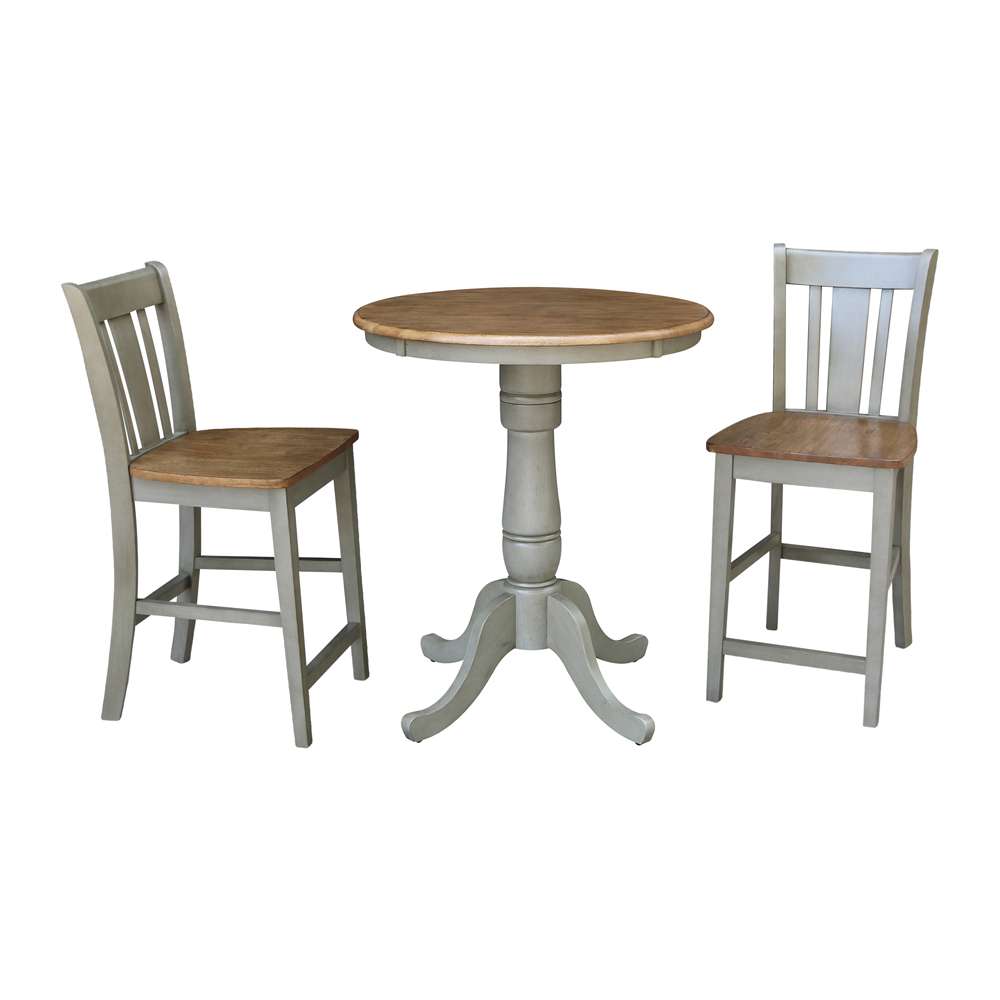 International Concepts (Set of 3 Pcs) - 30in Round Pedestal Gathering Height Table with 2 San Remo Counter Height Stools in Hickory/Stone Finish - K41-30RT-6B-S102-2 veiw 1