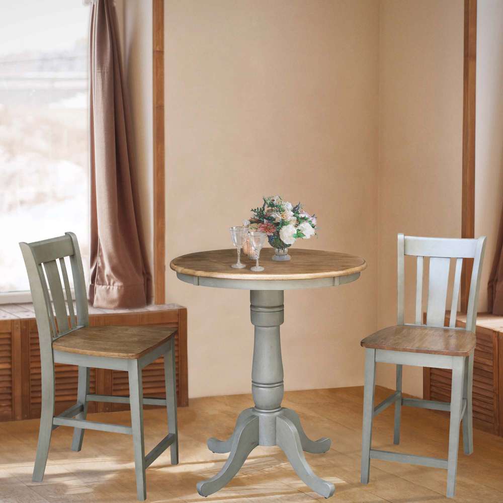International Concepts (Set of 3 Pcs) - 30in Round Pedestal Gathering Height Table with 2 San Remo Counter Height Stools in Hickory/Stone Finish - K41-30RT-6B-S102-2 veiw 2