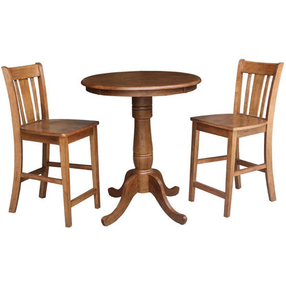 International Concepts (Set of 3 Pcs) - 30in Round Pedestal Gathering Height Table with 2 San Remo Counter Height Stools in Distressed Oak Finish - K42-30RT-6B-S102-2 veiw 1