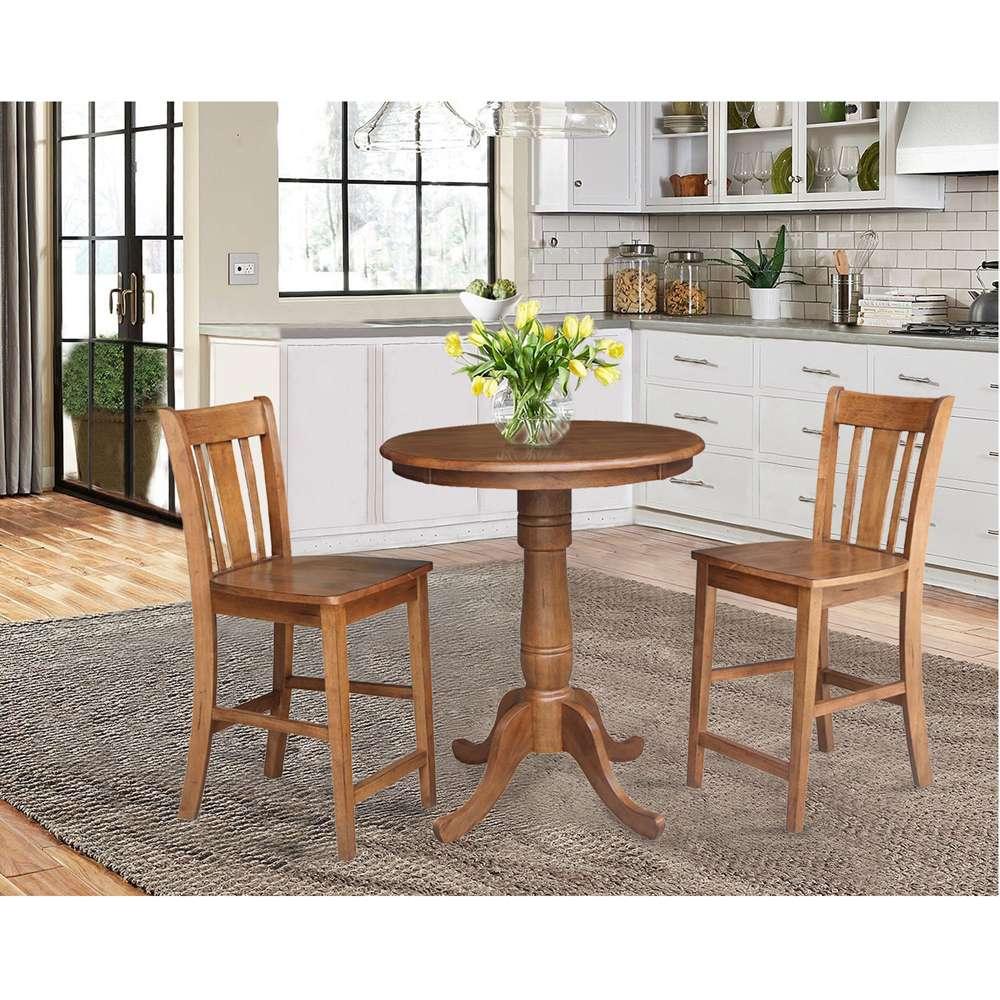 International Concepts (Set of 3 Pcs) - 30in Round Pedestal Gathering Height Table with 2 San Remo Counter Height Stools in Distressed Oak Finish - K42-30RT-6B-S102-2 veiw 2
