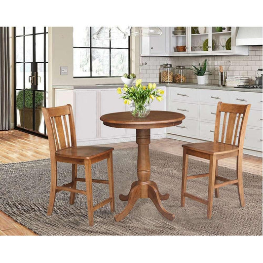 International Concepts (Set of 3 Pcs) - 30in Round Pedestal Gathering Height Table with 2 San Remo Counter Height Stools in Distressed Oak Finish - K42-30RT-6B-S102-2 veiw 2