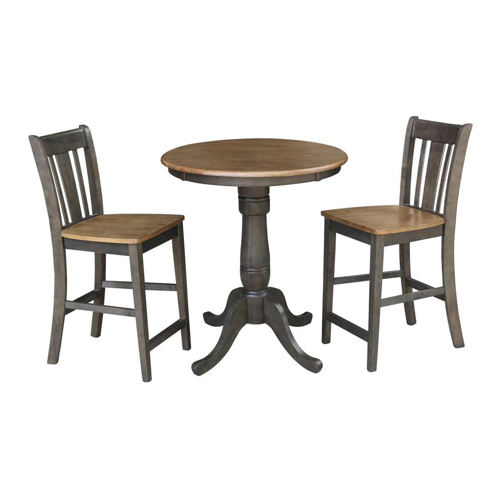 International Concepts (Set of 3 Pcs) - 30in Round Pedestal Gathering Height Table with 2 San Remo Counter Height Stools in Hickory/Washed Coal Finish - K45-30RT-6B-S102-2 veiw 1