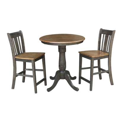 International Concepts (Set of 3 Pcs) - 30in Round Pedestal Gathering Height Table with 2 San Remo Counter Height Stools in Hickory/Washed Coal Finish - K45-30RT-6B-S102-2 veiw 1
