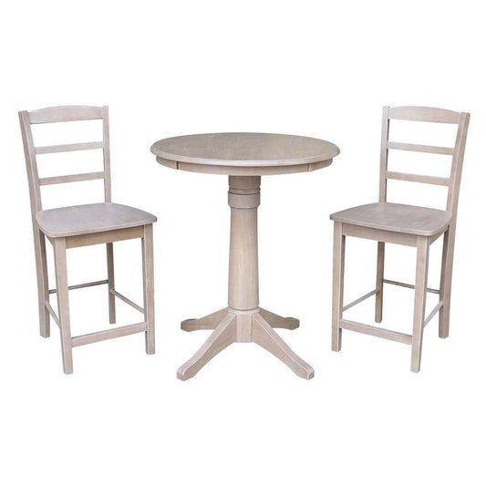 International Concepts (Set of 3 Pcs) - 30in Round Pedestal Gathering Height Table with 2 San Remo Counter Height Stools in Washed Gray Taupe Finish - K09-30RT-27B-6B-S402-2 veiw 1
