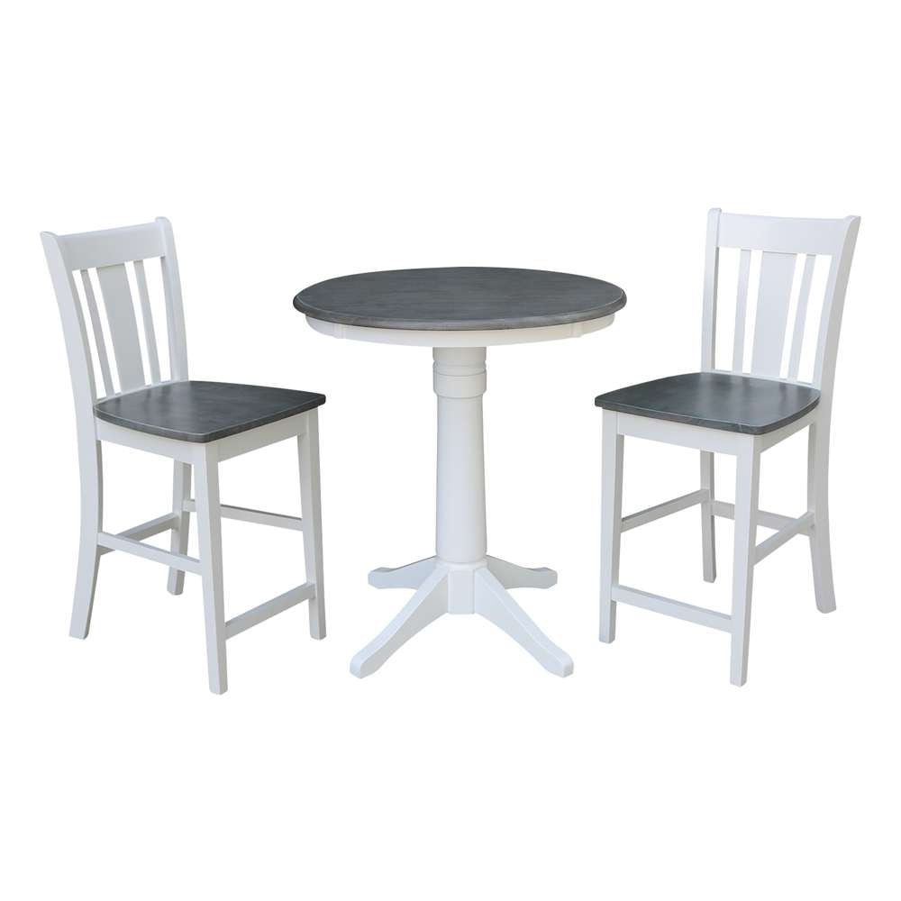 International Concepts (Set of 3 Pcs) - 30in Round Pedestal Gathering Height Table with 2 San Remo Counter Height Stools in White/Heather Gray Finish - K05-30RT-27B-S102-2 veiw 1