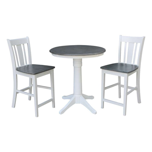 International Concepts (Set of 3 Pcs) - 30in Round Pedestal Gathering Height Table with 2 San Remo Counter Height Stools in White/Heather Gray Finish - K05-30RT-27B-S102-2 veiw 1