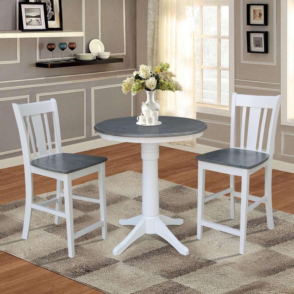 International Concepts (Set of 3 Pcs) - 30in Round Pedestal Gathering Height Table with 2 San Remo Counter Height Stools in White/Heather Gray Finish - K05-30RT-27B-S102-2 veiw 2