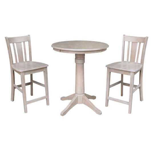 International Concepts (Set of 3 Pcs) - 30in Round Pedestal Gathering Height Table with 2 San Remo Counter Height Stools in Washed Gray Taupe Finish - K09-30RT-27B-6B-S102-2 veiw 1