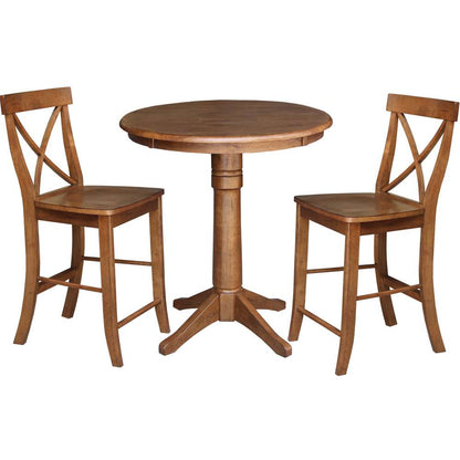 International Concepts (Set of 3 Pcs) - 30in Round Pedestal Gathering Height Table with 2 X-Back Counter Height Stools in Distressed Oak Finish - K42-30RT-27B-S6132-2 veiw 1