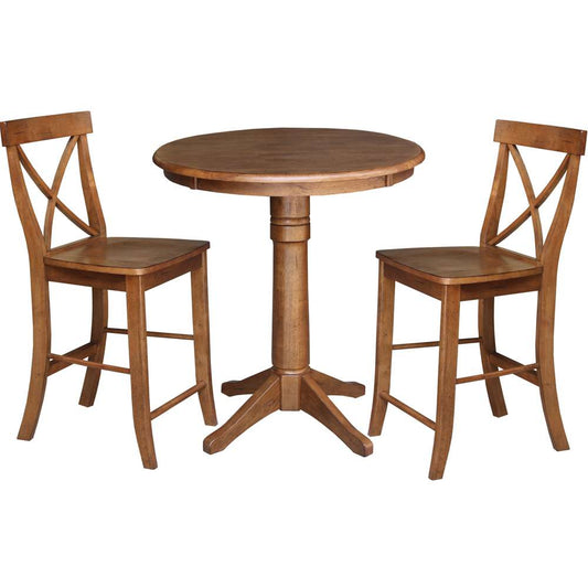 International Concepts (Set of 3 Pcs) - 30in Round Pedestal Gathering Height Table with 2 X-Back Counter Height Stools in Distressed Oak Finish - K42-30RT-27B-S6132-2 veiw 1