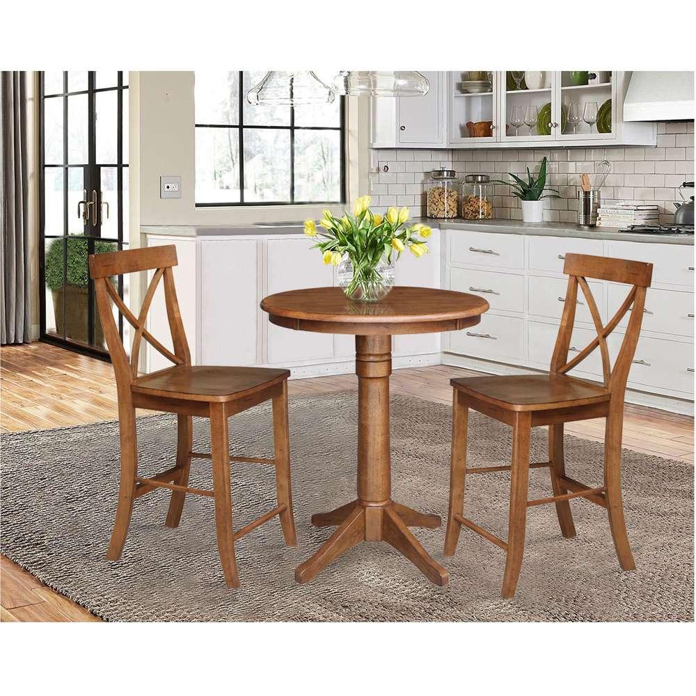 International Concepts (Set of 3 Pcs) - 30in Round Pedestal Gathering Height Table with 2 X-Back Counter Height Stools in Distressed Oak Finish - K42-30RT-27B-S6132-2 veiw 2