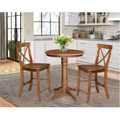 International Concepts (Set of 3 Pcs) - 30in Round Pedestal Gathering Height Table with 2 X-Back Counter Height Stools in Distressed Oak Finish - K42-30RT-27B-S6132-2 veiw 2