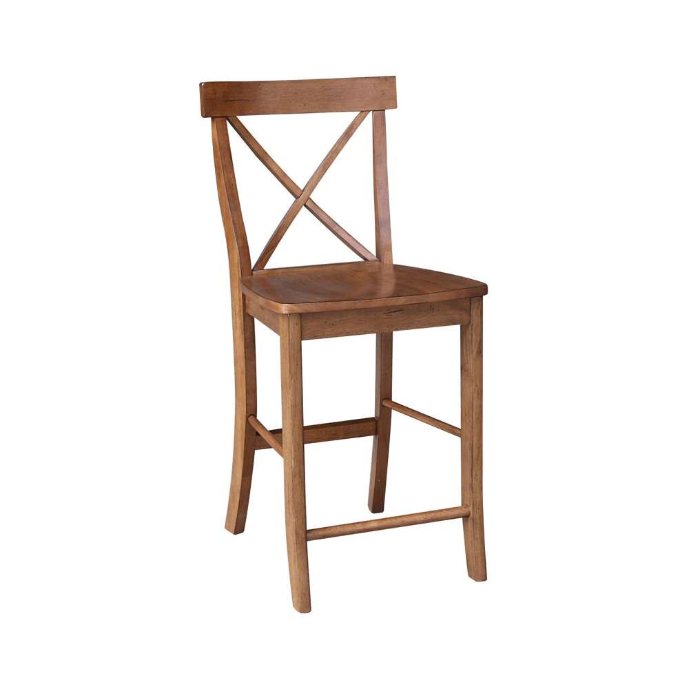 International Concepts (Set of 3 Pcs) - 30in Round Pedestal Gathering Height Table with 2 X-Back Counter Height Stools in Distressed Oak Finish - K42-30RT-27B-S6132-2 veiw 3