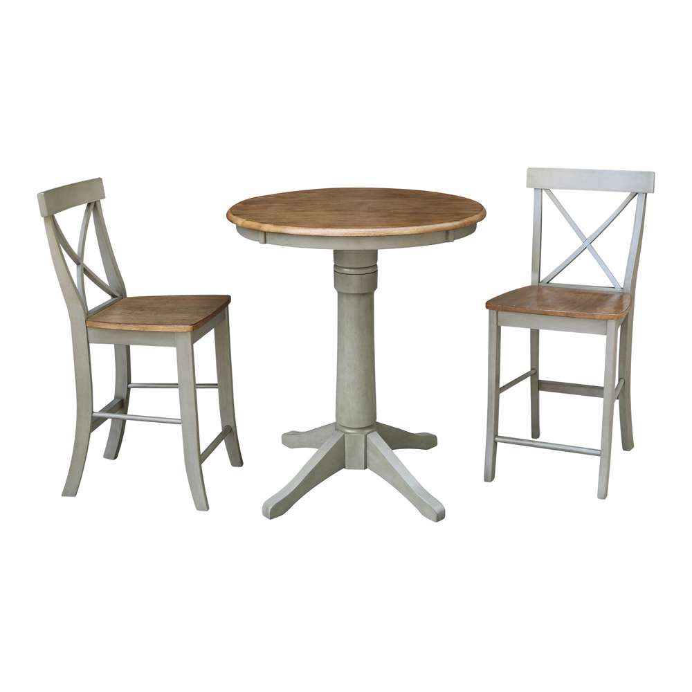 International Concepts (Set of 3 Pcs) - 30in Round Pedestal Gathering Height Table with 2 X-Back Counter Height Stools in Hickory/Stone Finish - K41-30RT-27B-S6132-2 veiw 1