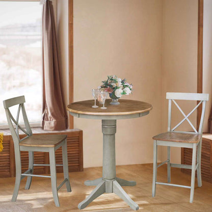 International Concepts (Set of 3 Pcs) - 30in Round Pedestal Gathering Height Table with 2 X-Back Counter Height Stools in Hickory/Stone Finish - K41-30RT-27B-S6132-2 veiw 2