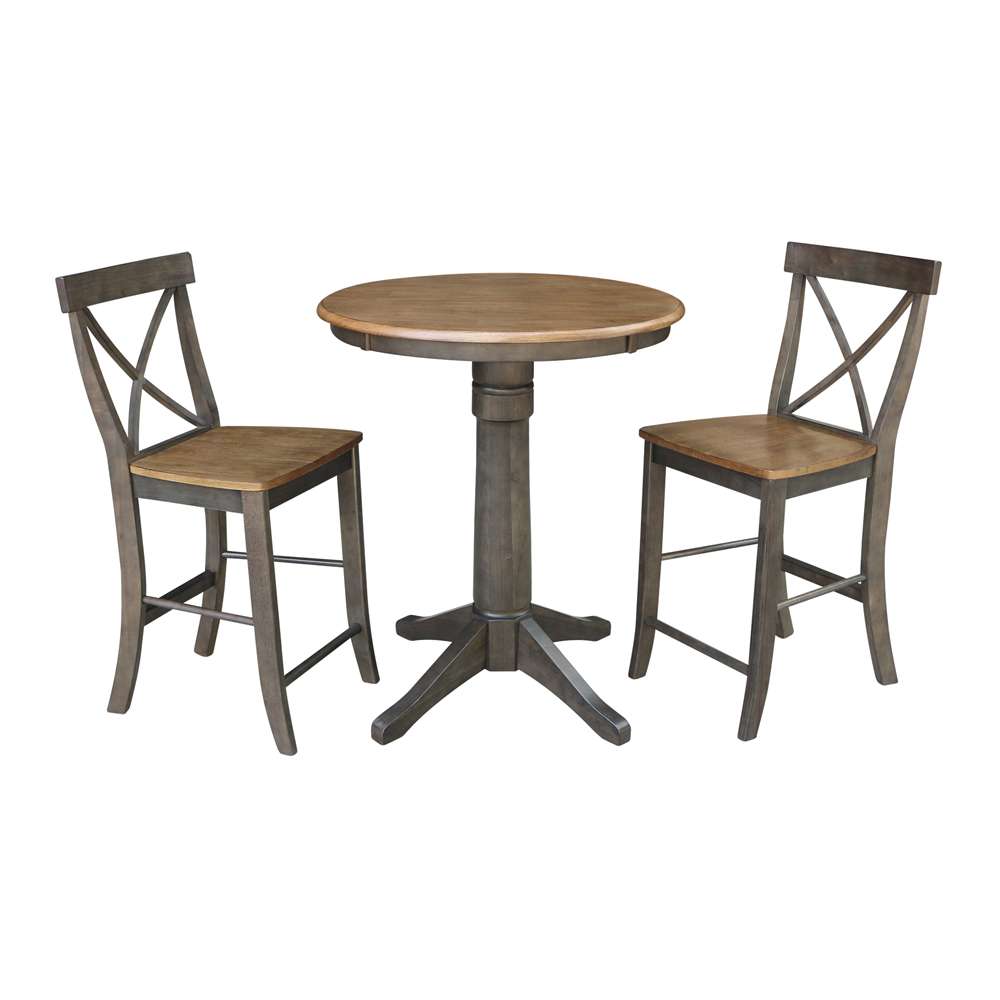 International Concepts (Set of 3 Pcs) - 30in Round Pedestal Gathering Height Table with 2 X-Back Counter Height Stools in Hickory/Washed Coal Finish - K45-30RT-27B-S6132-2 veiw 1