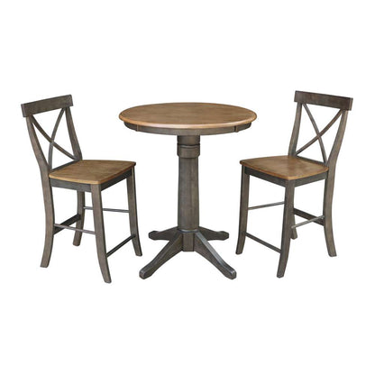International Concepts (Set of 3 Pcs) - 30in Round Pedestal Gathering Height Table with 2 X-Back Counter Height Stools in Hickory/Washed Coal Finish - K45-30RT-27B-S6132-2 veiw 1