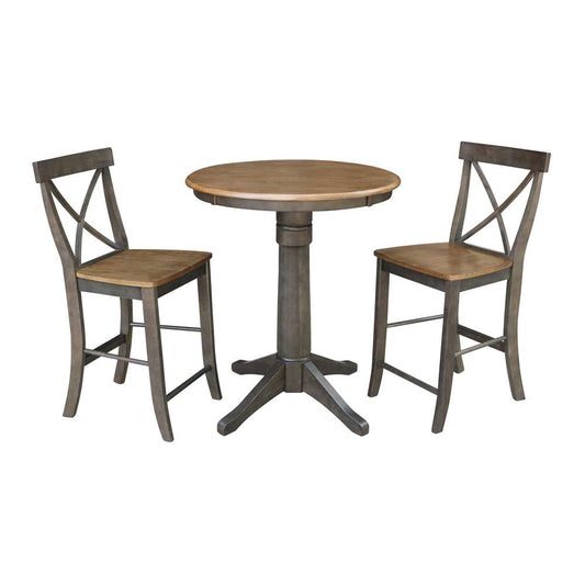 International Concepts (Set of 3 Pcs) - 30in Round Pedestal Gathering Height Table with 2 X-Back Counter Height Stools in Hickory/Washed Coal Finish - K45-30RT-27B-S6132-2 veiw 1