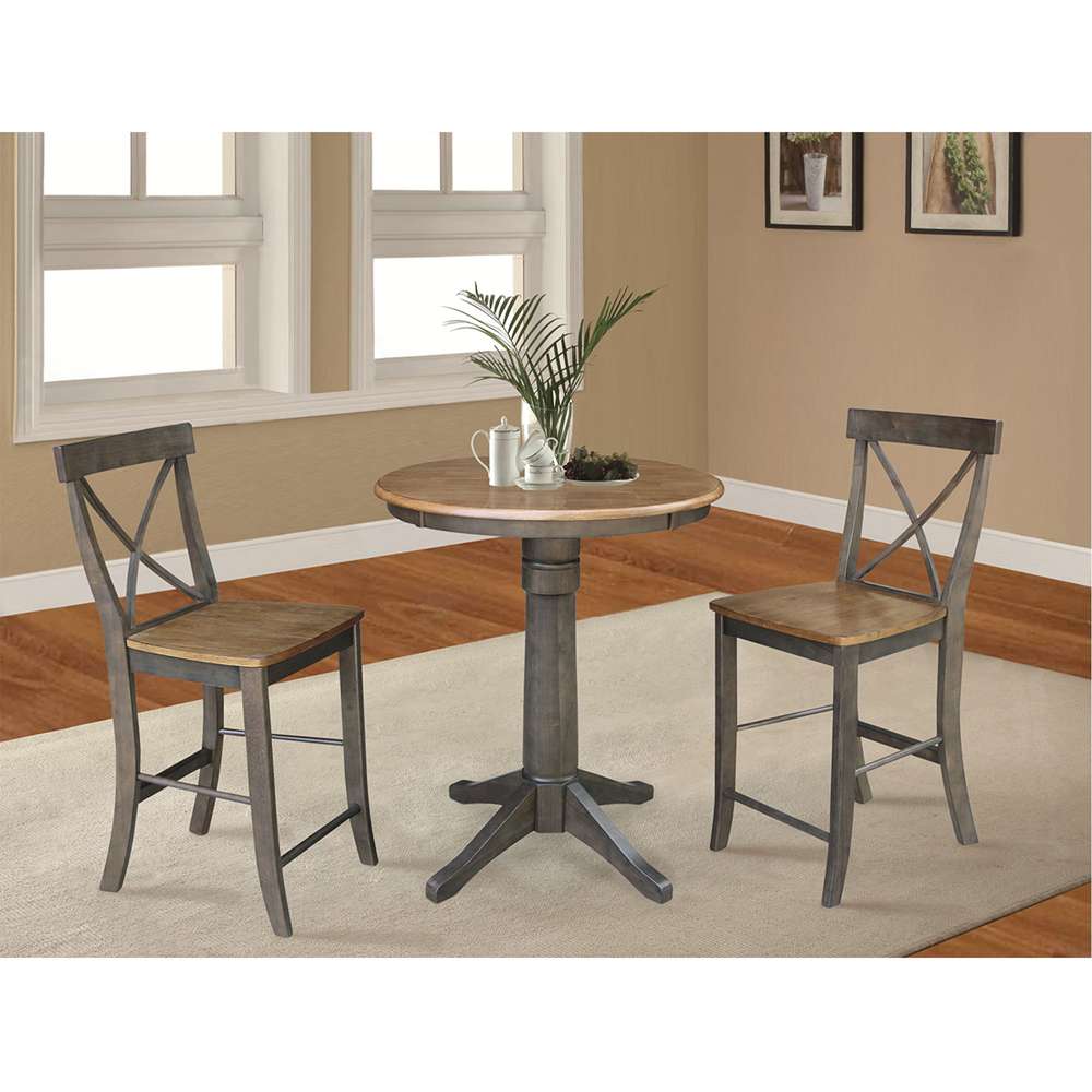 International Concepts (Set of 3 Pcs) - 30in Round Pedestal Gathering Height Table with 2 X-Back Counter Height Stools in Hickory/Washed Coal Finish - K45-30RT-27B-S6132-2 veiw 2