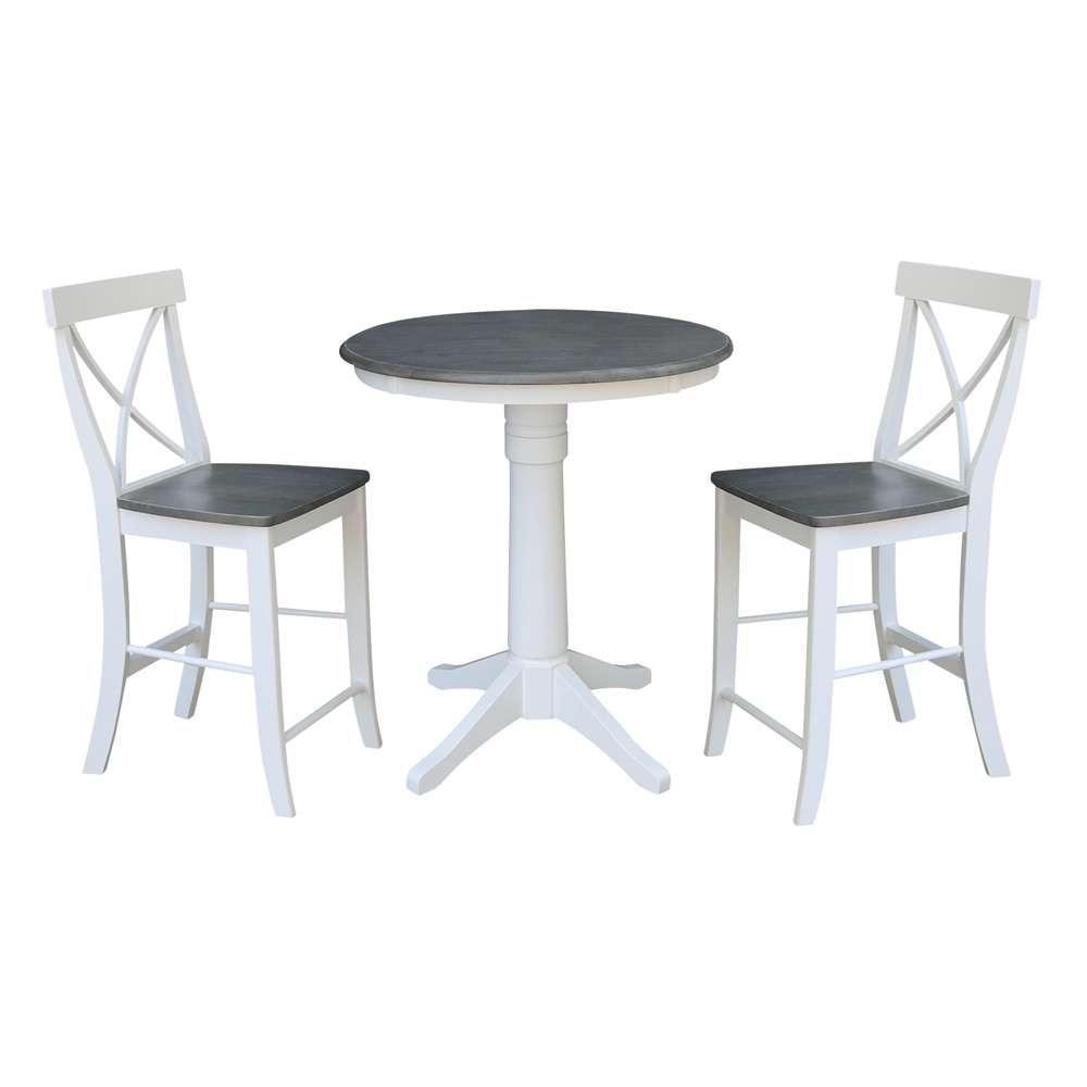 International Concepts (Set of 3 Pcs) - 30in Round Pedestal Gathering Height Table with 2 X-Back Counter Height Stools in White/Heather Gray Finish - K05-30RT-27B-S6132-2 veiw 1