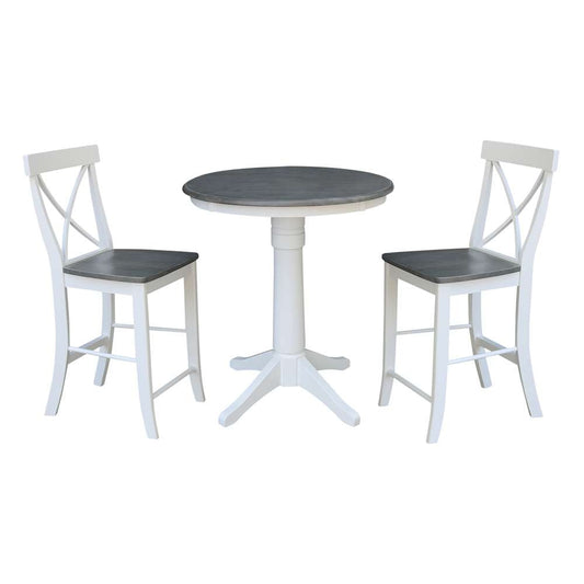 International Concepts (Set of 3 Pcs) - 30in Round Pedestal Gathering Height Table with 2 X-Back Counter Height Stools in White/Heather Gray Finish - K05-30RT-27B-S6132-2 veiw 1
