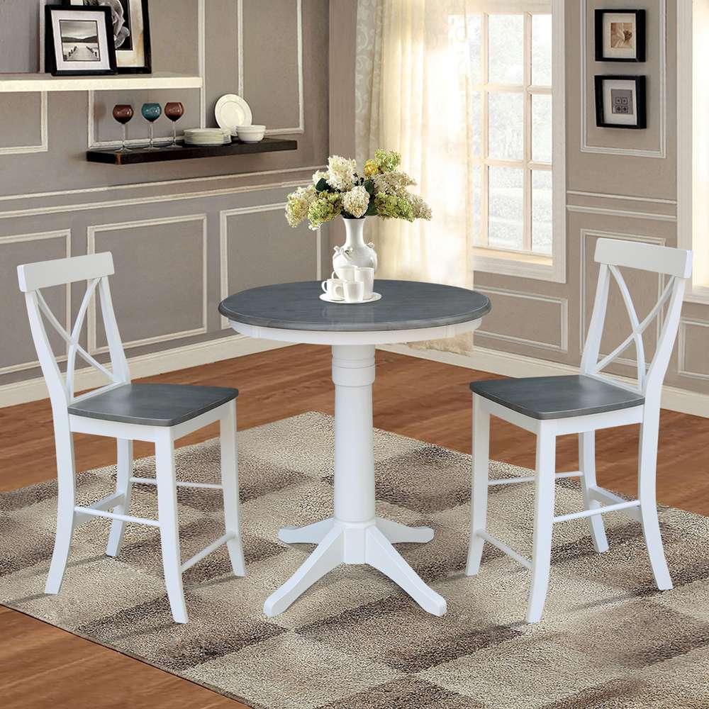 International Concepts (Set of 3 Pcs) - 30in Round Pedestal Gathering Height Table with 2 X-Back Counter Height Stools in White/Heather Gray Finish - K05-30RT-27B-S6132-2 veiw 2