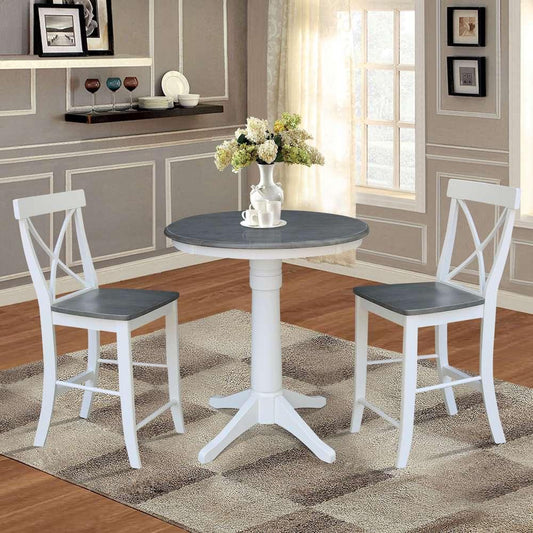 International Concepts (Set of 3 Pcs) - 30in Round Pedestal Gathering Height Table with 2 X-Back Counter Height Stools in White/Heather Gray Finish - K05-30RT-27B-S6132-2 veiw 2