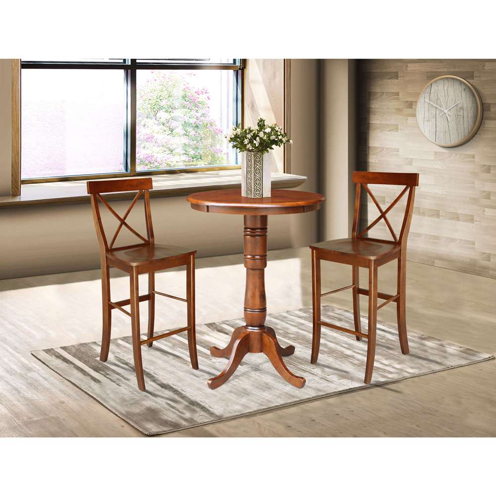 International Concepts (Set of 3 Pcs) - 30in Round Pedestal Bar Height Table with 2 RTA Bar Height Stools in Espresso Finish - K581-30RT-6B-S6133-2 veiw 2