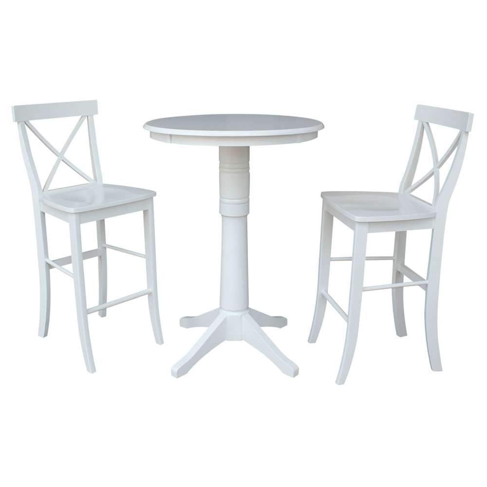 International Concepts (Set of 3 Pcs) - 30in Round Pedestal Bar Height Table with 2 X-Back Bar Height Stools in White Finish - K08-30RT-27B-S6133 veiw 1