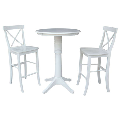 International Concepts (Set of 3 Pcs) - 30in Round Pedestal Bar Height Table with 2 X-Back Bar Height Stools in White Finish - K08-30RT-27B-S6133 veiw 1